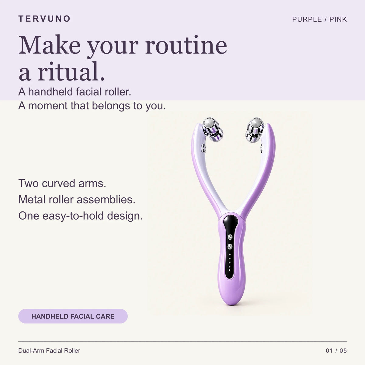 Purple dual-arm electric facial roller with metal roller heads