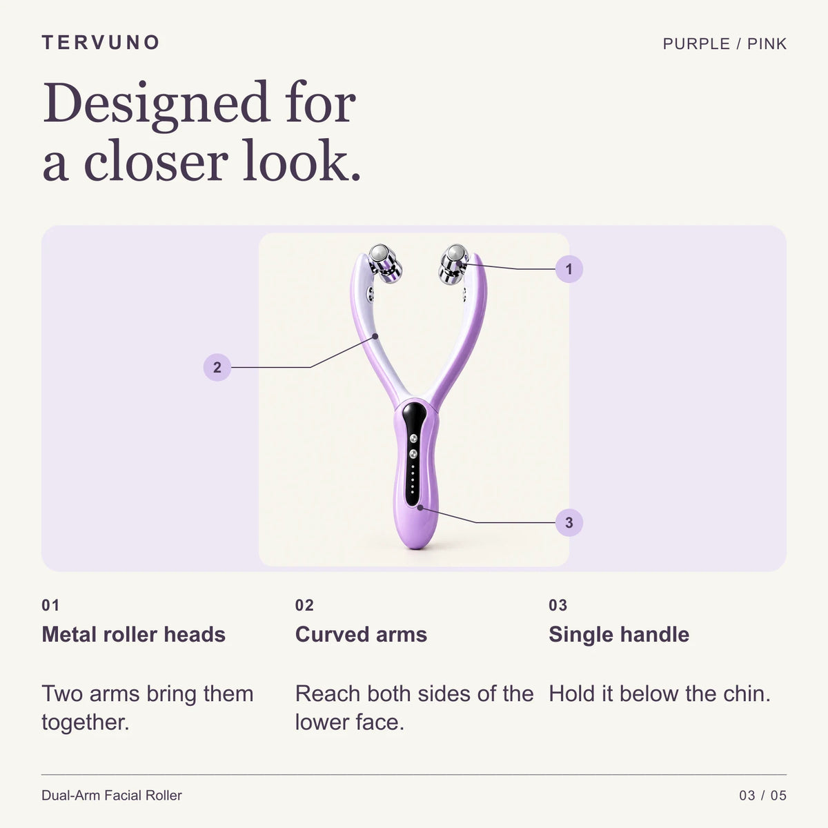 Labeled facial roller: metal roller heads, curved arms, single handle