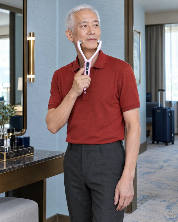 AI-created lifestyle illustration of an adult using the Pink facial roller.