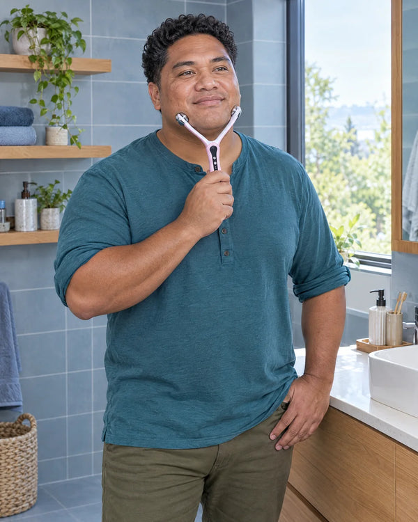 AI-created lifestyle illustration of an adult using the Pink facial roller.