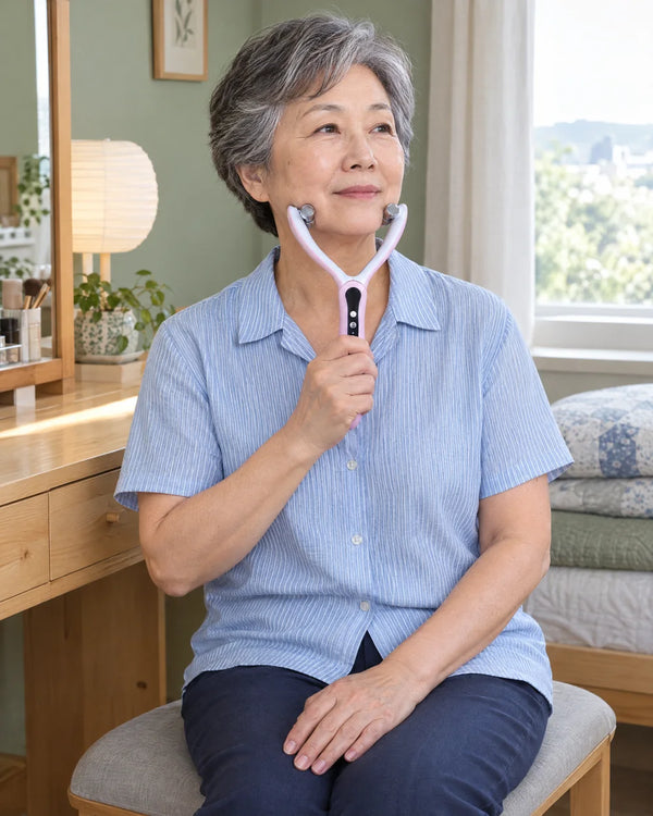 AI-created lifestyle illustration of an adult using the Pink facial roller.
