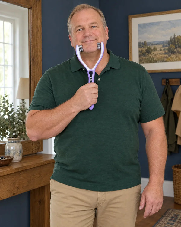 AI-created lifestyle illustration of an adult using the Purple facial roller.