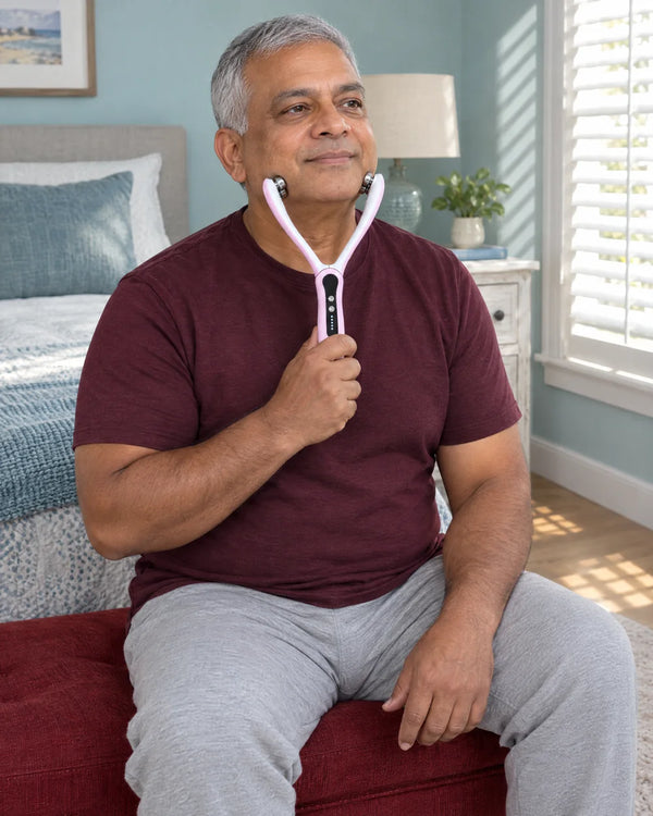 AI-created lifestyle illustration of an adult using the Pink facial roller.