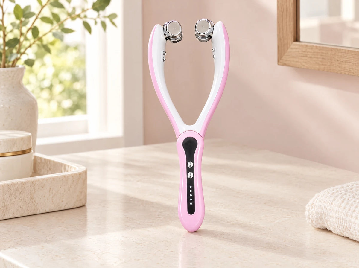 Dual rolling heads and handheld controls. Pink shown.