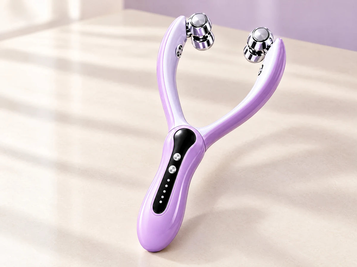 Dual rolling heads and handheld controls. Purple shown.