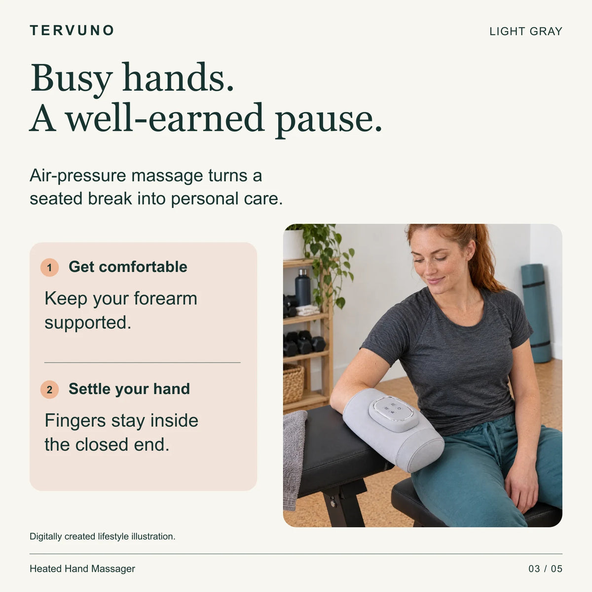 Illustrated adult using the hand massager with forearm supported
