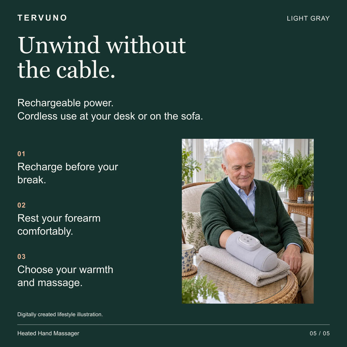 Illustrated older adult using the cordless hand massager at home