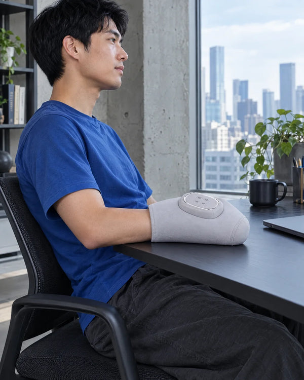 AI-created lifestyle illustration of an adult using the Light Gray hand massager.