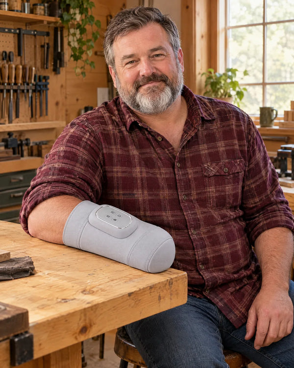 AI-created lifestyle illustration of an adult using the Light Gray hand massager.