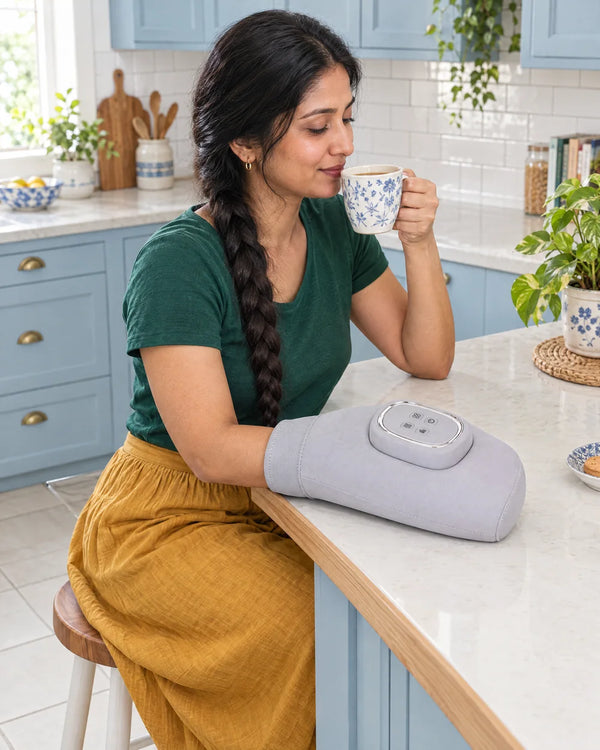 AI-created lifestyle illustration of an adult using the Light Gray hand massager.