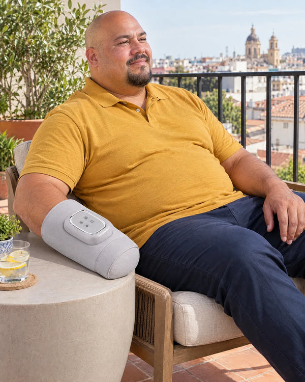 AI-created lifestyle illustration of an adult using the Light Gray hand massager.