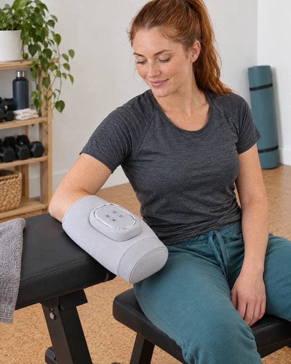AI-created lifestyle illustration of an adult using the Light Gray hand massager.