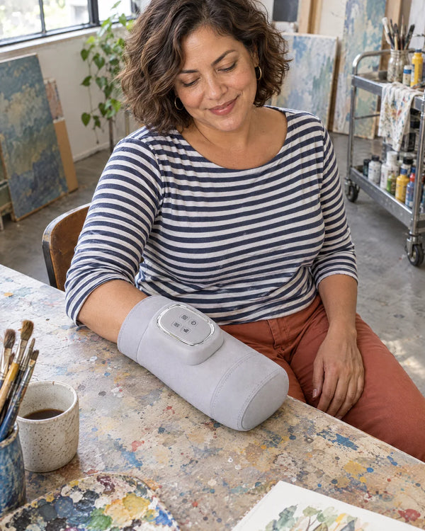AI-created lifestyle illustration of an adult using the Light Gray hand massager.