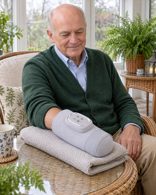 AI-created lifestyle illustration of an adult using the Light Gray hand massager.