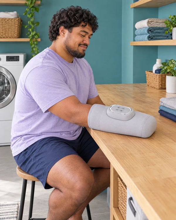 AI-created lifestyle illustration of an adult using the Light Gray hand massager.