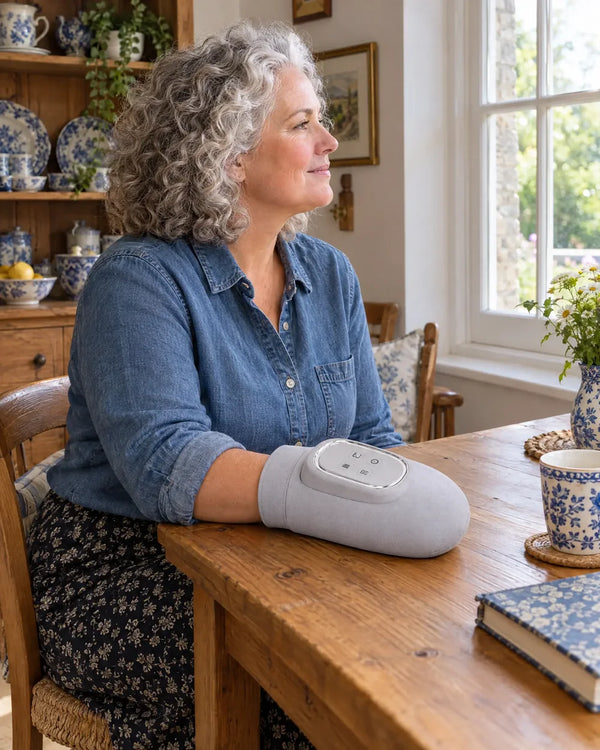 AI-created lifestyle illustration of an adult using the Light Gray hand massager.