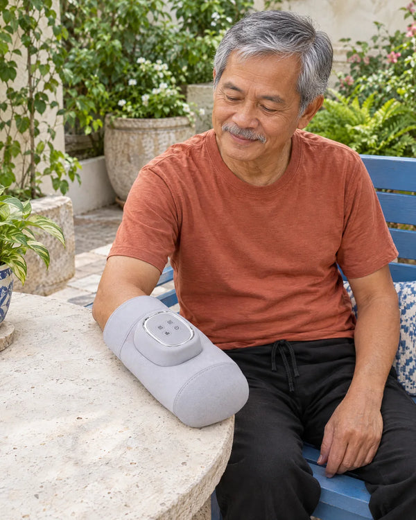 AI-created lifestyle illustration of an adult using the Light Gray hand massager.