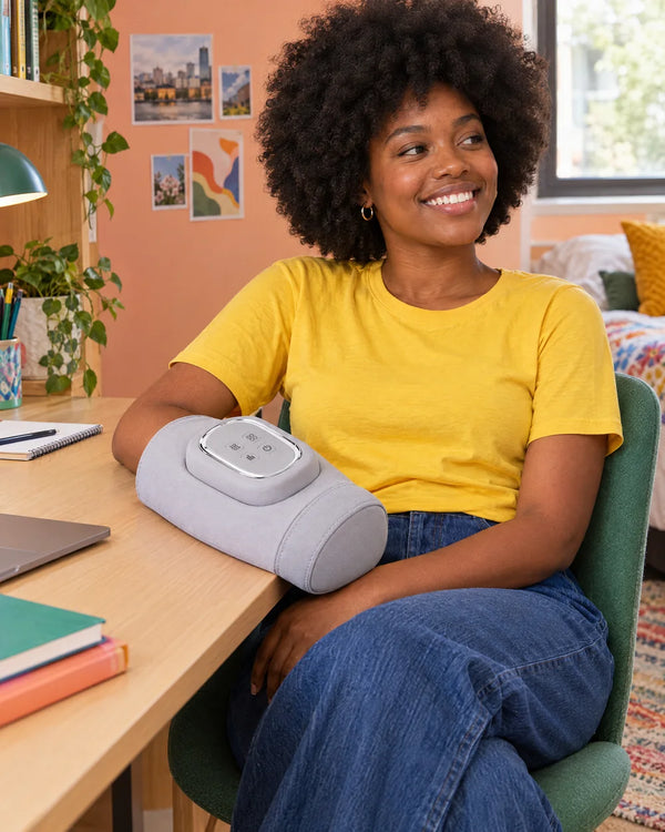 AI-created lifestyle illustration of an adult using the Light Gray hand massager.