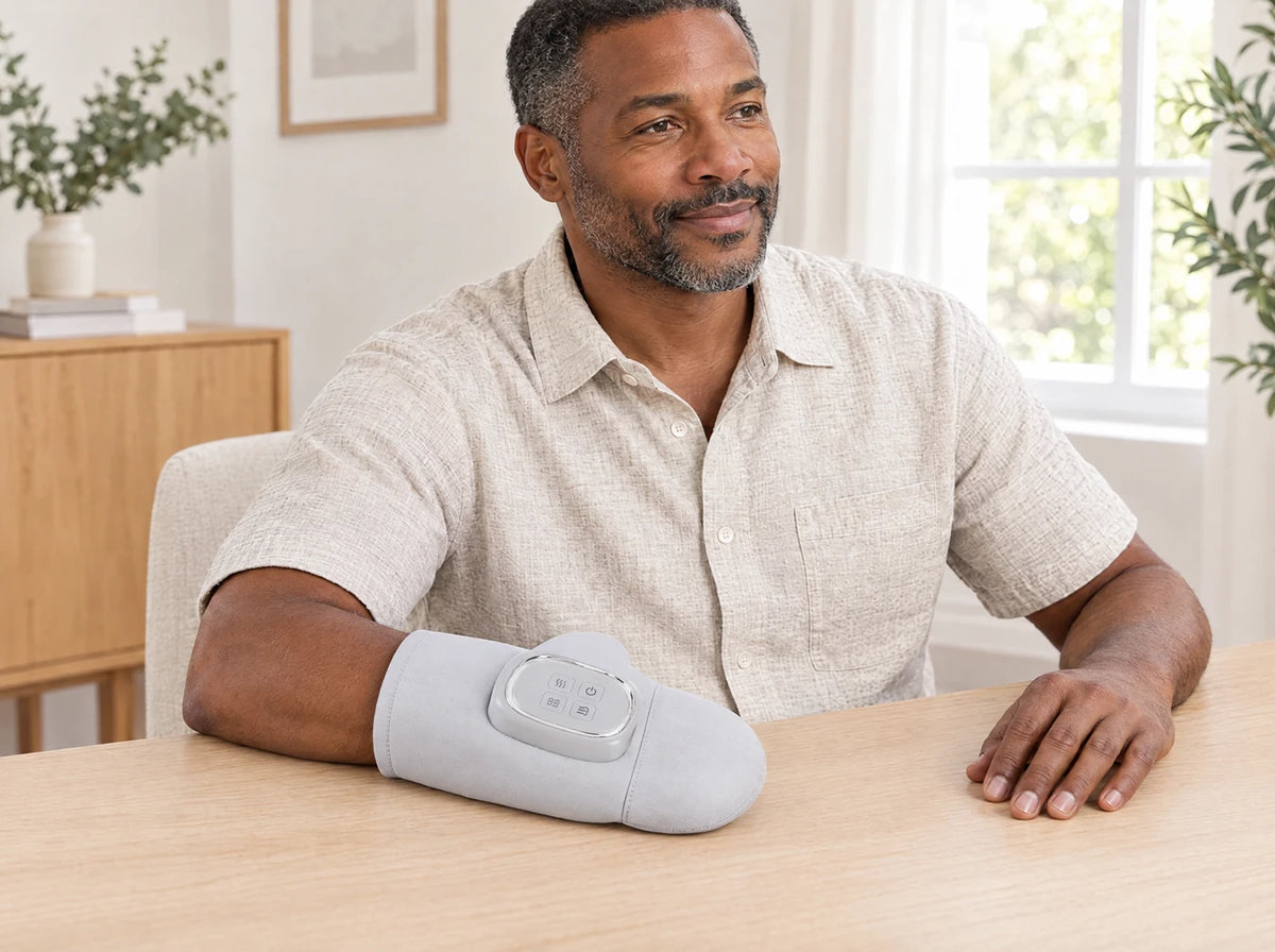 Illustrative adult at a desk with wrist entering the cuff and controls over the back of the hand