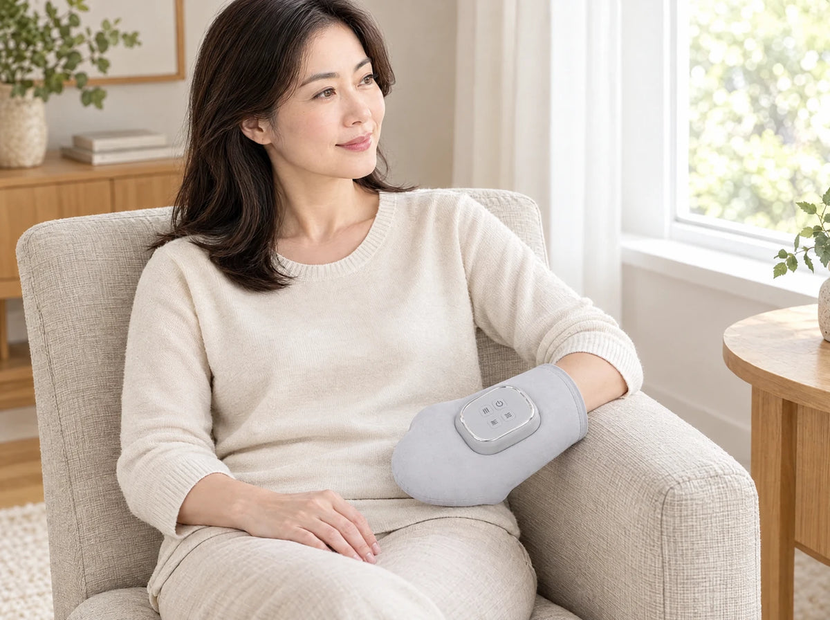 Illustrative seated adult with wrist entering the cuff and fingers inside the closed end