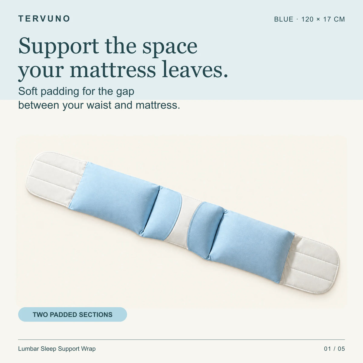 Blue lumbar sleep support wrap, 120 x 17 cm, with two padded sections