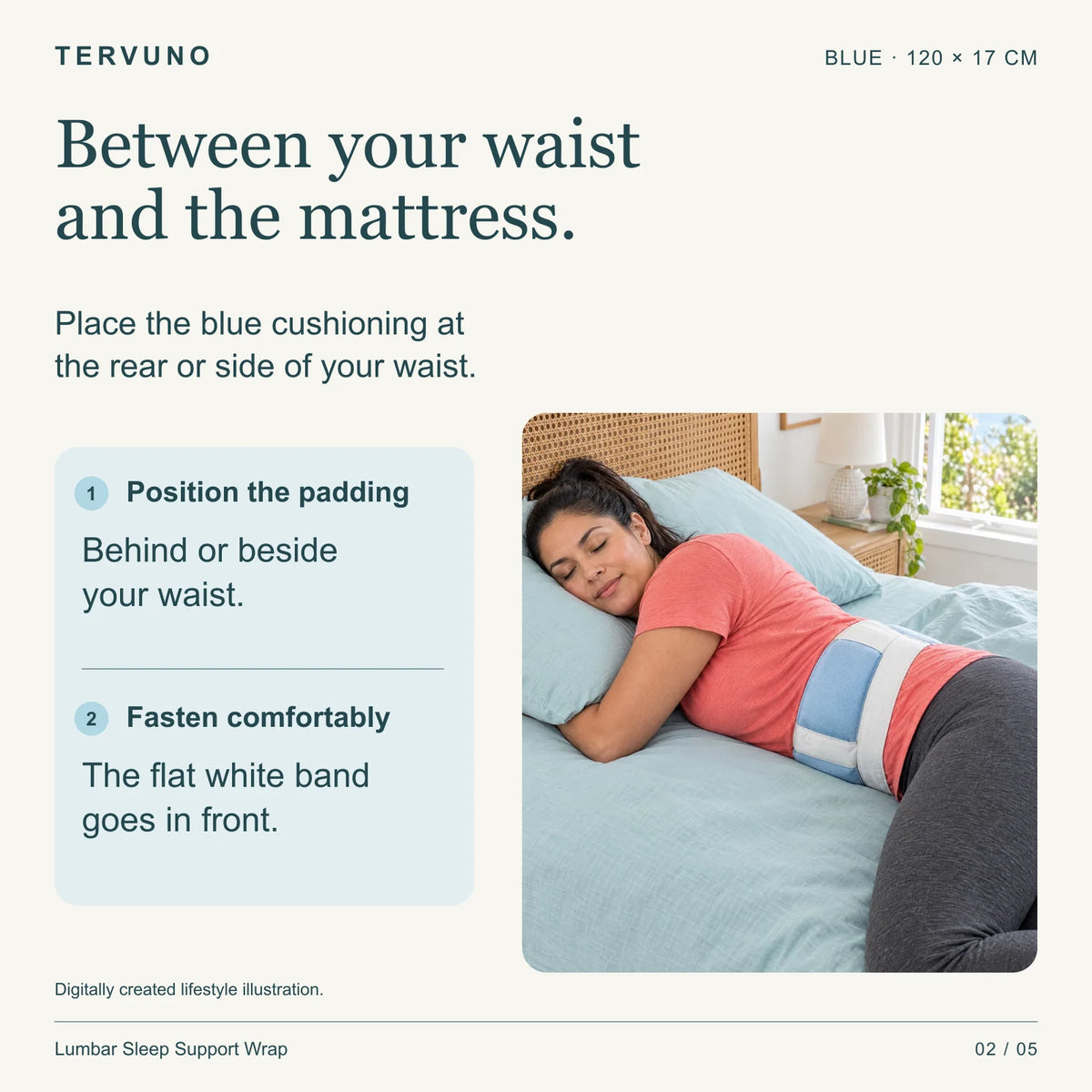 Illustrated adult side sleeping with the lumbar wrap around the waist