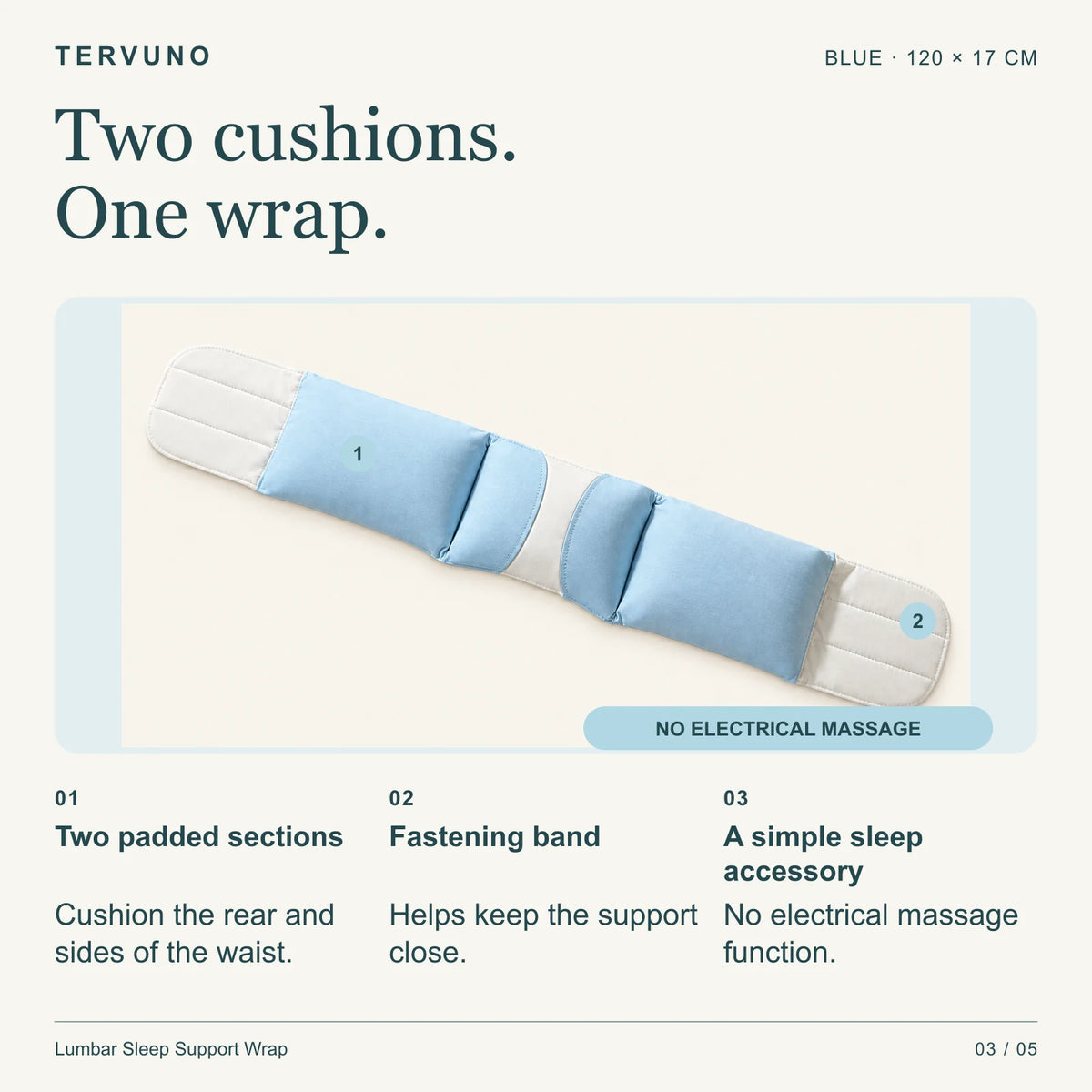 Lumbar wrap layout: two padded sections and fastening band, non-electric