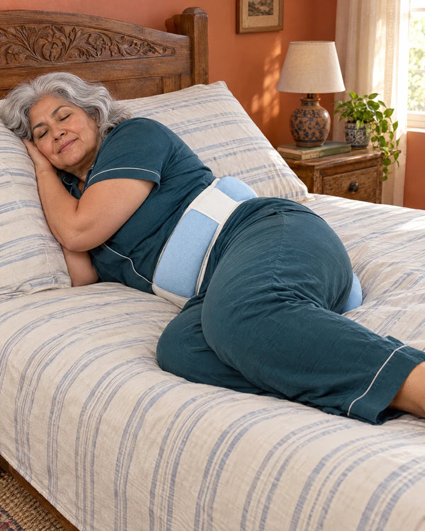 AI-created lifestyle illustration of an adult resting with the blue lumbar sleep support wrap.