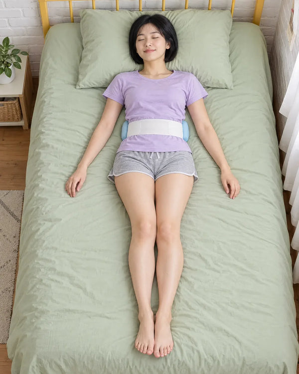 AI-created lifestyle illustration of an adult resting with the blue lumbar sleep support wrap.