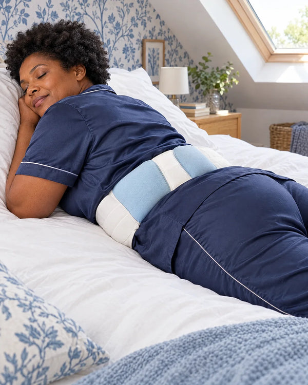 AI-created lifestyle illustration of an adult resting with the blue lumbar sleep support wrap.