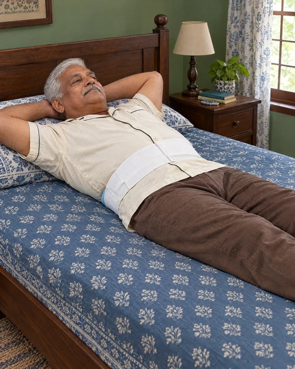AI-created lifestyle illustration of an adult resting with the blue lumbar sleep support wrap.