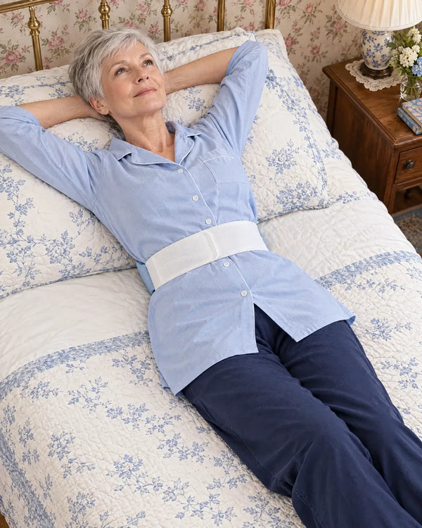 AI-created lifestyle illustration of an adult resting with the blue lumbar sleep support wrap.