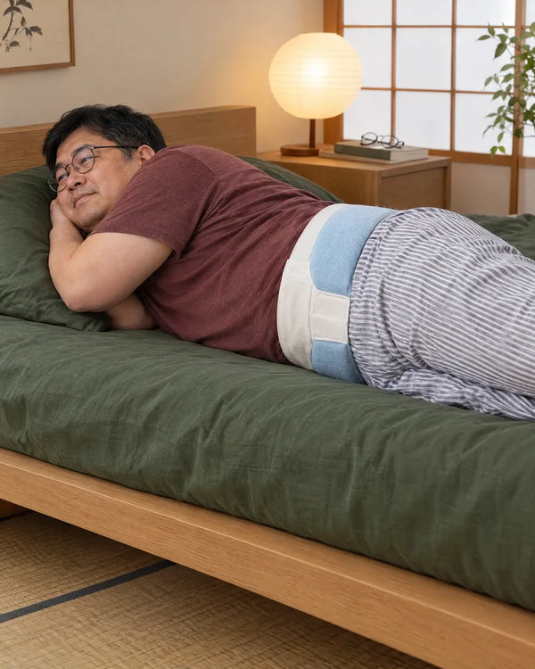 AI-created lifestyle illustration of an adult resting with the blue lumbar sleep support wrap.