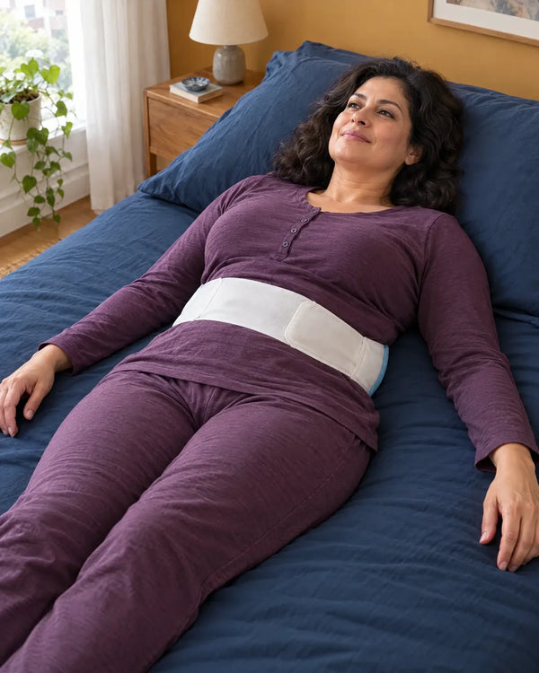 AI-created lifestyle illustration of an adult resting with the blue lumbar sleep support wrap.