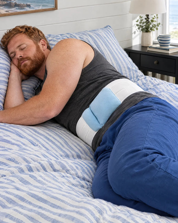 AI-created lifestyle illustration of an adult resting with the blue lumbar sleep support wrap.