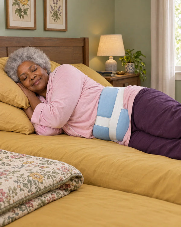 AI-created lifestyle illustration of an adult resting with the blue lumbar sleep support wrap.