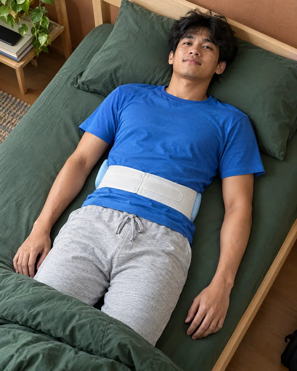 AI-created lifestyle illustration of an adult resting with the blue lumbar sleep support wrap.