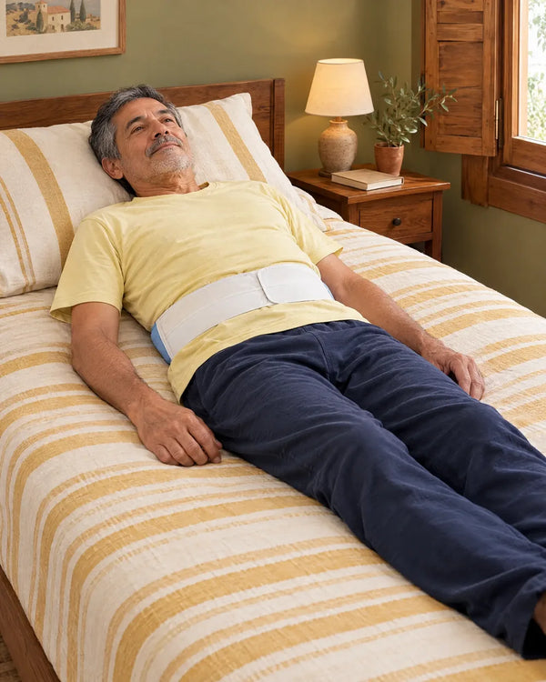 AI-created lifestyle illustration of an adult resting with the blue lumbar sleep support wrap.