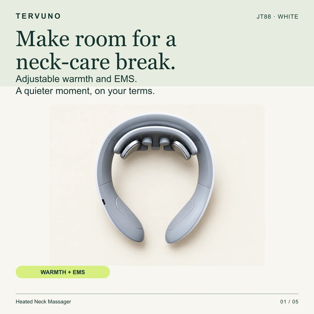 JT88 heated neck massager in white, warmth and EMS overview