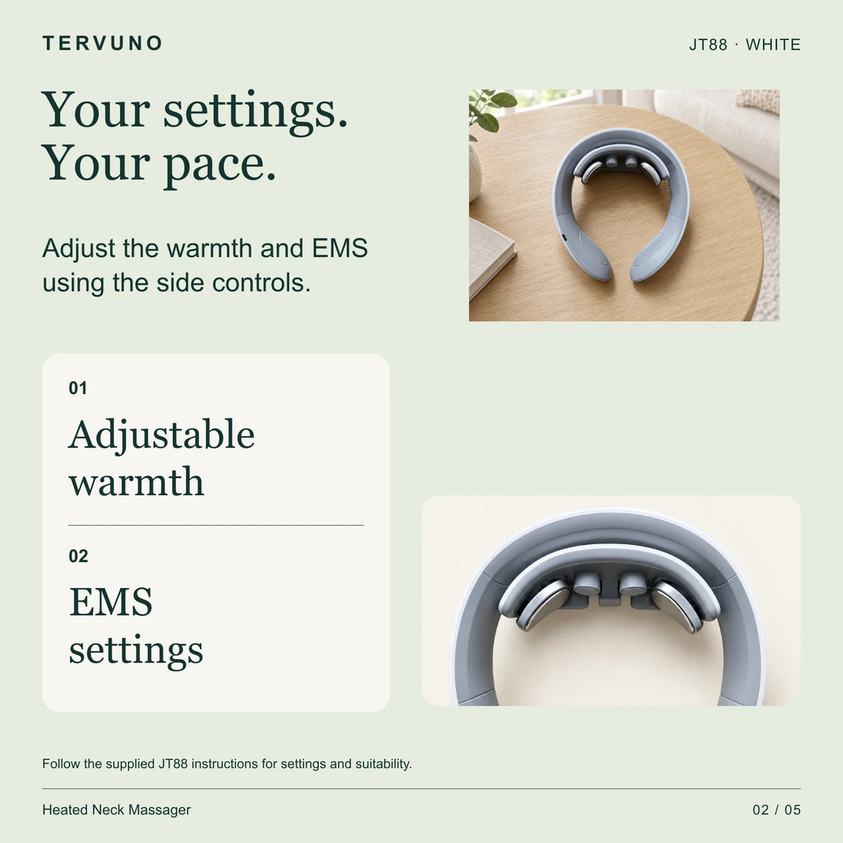 JT88 neck massager adjustable warmth and EMS settings with side controls