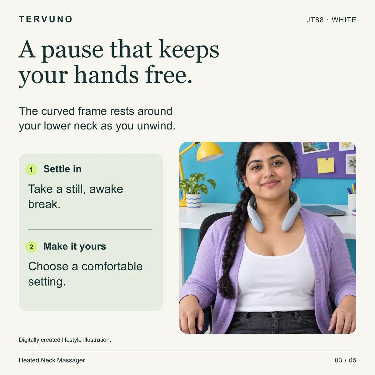Illustrated adult wearing the JT88 neck massager hands-free at a desk