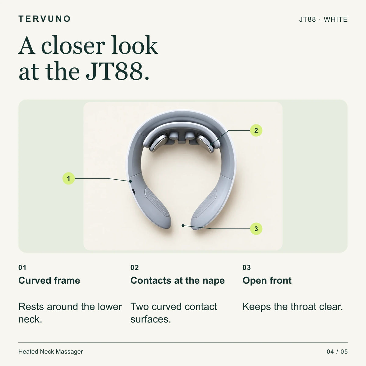 Labeled JT88 close-up: curved frame, contacts at the nape, open front