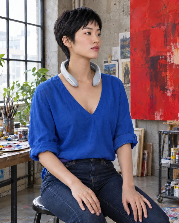 AI-created lifestyle illustration of an adult wearing the JT88 neck massager.