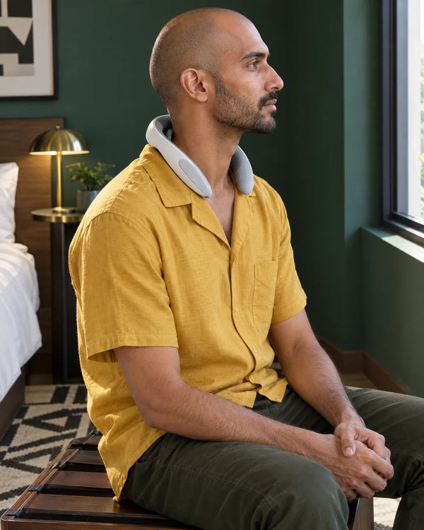 AI-created lifestyle illustration of an adult wearing the JT88 neck massager.