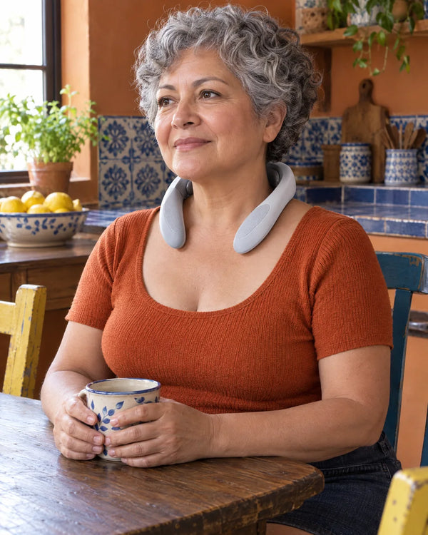 AI-created lifestyle illustration of an adult wearing the JT88 neck massager.
