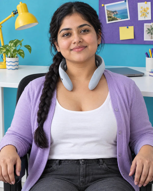 AI-created lifestyle illustration of an adult wearing the JT88 neck massager.