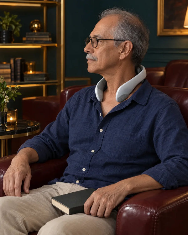 AI-created lifestyle illustration of an adult wearing the JT88 neck massager.